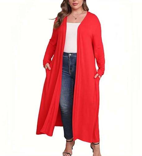 Image of Women Plus Size Floor Length Open Front Drape Cardigan Lightweight Long Sleeve Maxi Duster with Pockets 1X-5X