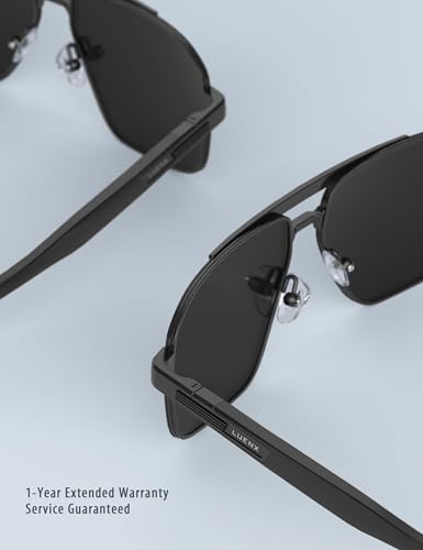 LUENX Aviator Sunglasses for Men Square Polarized Polygon Shades Driving UV 400 Protection 60mm-Black Lens Black Metal Frame Glossy Temple
