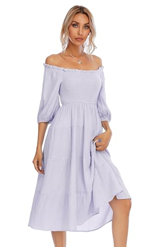 Image of R.Vivimos Women's Summer Cotton Lantern Sleeves Ruffled Off Shoulder A-Line Midi Dresses