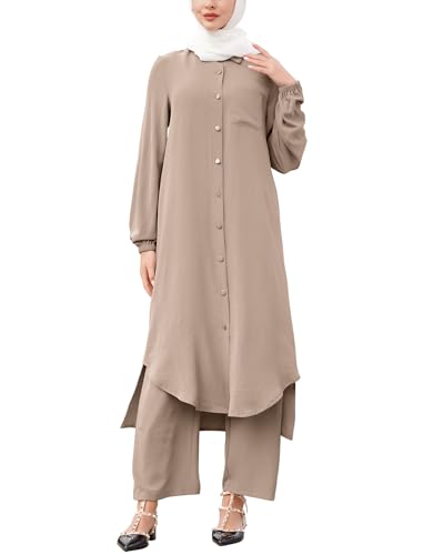 Image of IDOPIP Abaya Dress for Women Muslim Set Long Sleeve Chiffon Islamic Dress Shirt with Pants 2PCS Dubai Prayer Casual Clothes