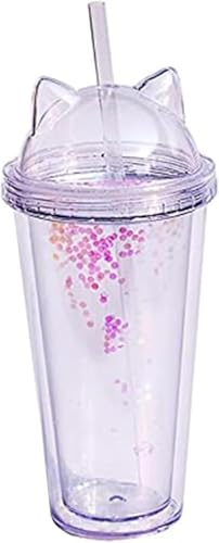 HongzyFirm猫耳ストローカップ 夏用 かわいい子供向け人気プラスチック製 ギフト用クリエイティブ二重構造大容量 再利用可能でファッション性の高い コーヒー用 透明 男女兼用 誕生日や祝日の贈り物に最適 (とうめいしょく)
