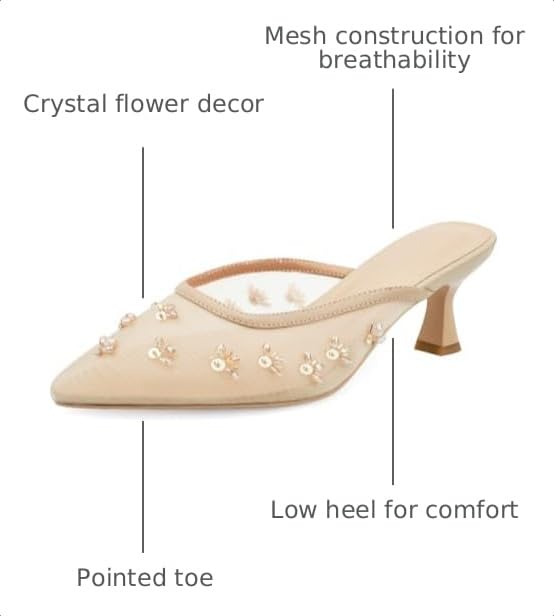 Image of Women Kitten Heel Mules Crystal Flower Decor Mesh Pointed Toe Low Heel Casual Pumps