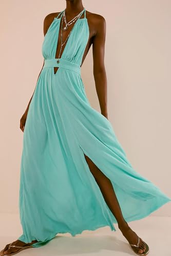 Image of R.Vivimos Boho Maxi Dresses for Women 2026 Summer Sleeveless Halter Elastic Waist Sexy Backless Front Slit Flowy Long Dresses