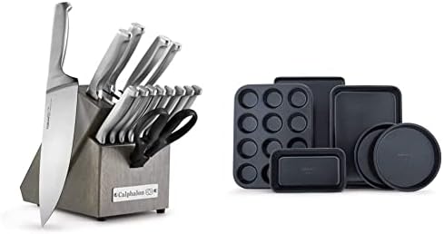 Calphalon Kitchen Knife Set with Self-Sharpening Block, 15-Piece & Nonstick Bakeware Set, 6-Piece Set Includes Baking Sheet, Cake, Muffin, and Loaf Pans, Dishwasher Safe, Black