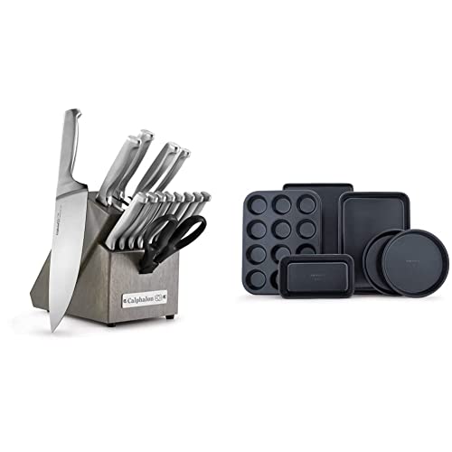 Calphalon Kitchen Knife Set With Self-Sharpening Block, 15-Piece & Nonstick Bakeware Set, 6-Piece Set Includes Baking Sheet, Cake, Muffin, And Loaf Pans, Dishwasher Safe, Black #TOP3