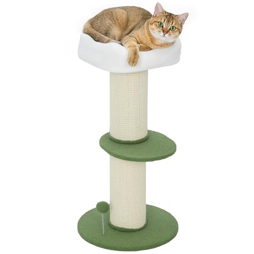 PawHut Albero Tiragraffi per Gatti Alto 92 cm con Palo in Sisal da 16.5 cm, Lettino per Gatti Superiore a Forma di Fiore, Piattaforma Centrale e Pallina, Verde