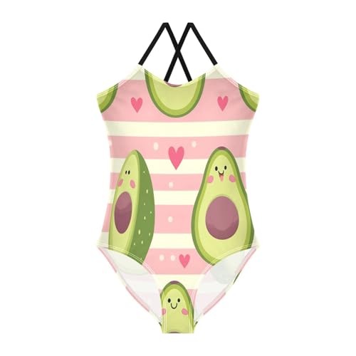 Cute Funny Avocado Pastel Stripes Swimsuit Toddler Girl, Beach Bathing Suit, Summer Swimsuits Girls