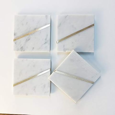 UHEIM Premium Real Solid Black, White Marble & Wood, White Marble Coasters with Gold Brass Inlay, for Drinks - Set of 4 Handcrafted Modern Coasters - 4" Wide Square, Diameter Drink Coasters (E-Type) Cover