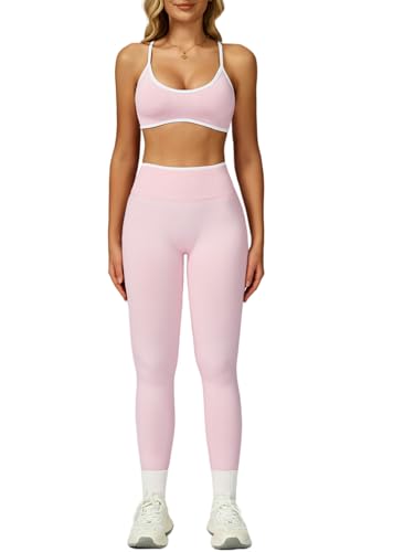 ABOCIW Womens Workout Sets 2 Piece Seamless Color Block Sports Bra Scrunch Butt Lifting High Waist Leggings Gym Set Yoga Pilates Outfits Athletic Work Out Clothes Pink Small
