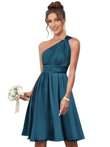 Short One Shoulder Bridesmaid Dresses Chiffon A Line Pleated Formal Wedding Guest Dress with Pockets