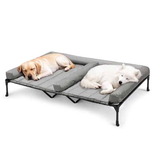 Veehoo Elevated Dog Bed for Two Dogs Cooling Raised Dog Bed with Removable Waterproof Bolster Mat 59 x 37.5 Double Dog Bed Outdoor & Indoor Pet Cot with Breathable Mesh Non-Slip Feet Grey