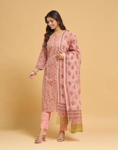 Image of Fabnu by Fabindia Women's Cotton Printed Kurta Pant Dupatta Set