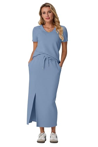 Image of GRECERELLE Women Summer Casual 2 Piece Sets V-Neck Wrinkle-Free Top & Elastic Waist Midi Side Slit Skirt with Pockets