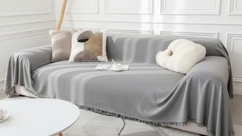 Image of The Furnishing Tree 3 Seater Reversible Chenille Sofa Cover, Double-Sided Luxury Throw, Anti-Slip Couch Cover, Soft & Comfortable Sofa Towel for All Seasons, Ivory Grey Stripe