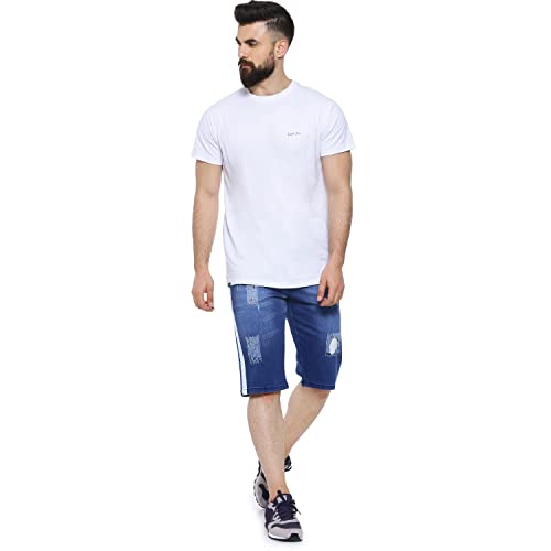 Image of CAHOOT Men's Solid Blue Distressed Denim Shorts Regular Fit for Casual Wear | Cotton Blend Fabric | Stretchable | Mid-Rise Shorts Crafted with Comfort Fit & High Performance for Everyday Wear