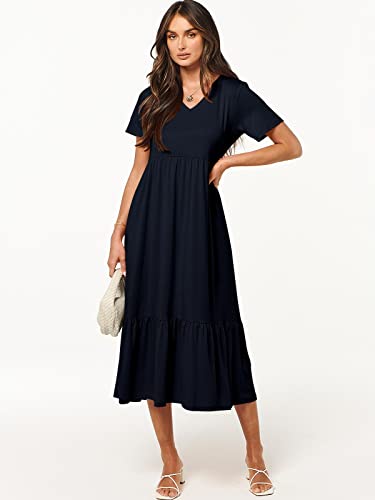 Anrabess Women's Summer Casual Short Sleeve Flowy V Neck Swing Midi Dresses Long Basic Tiered Beach Vacation Travel Maternity Dress Trendy Clothes With Pockets 954 Shenzanglan-Xl Navy Blue #TOP1