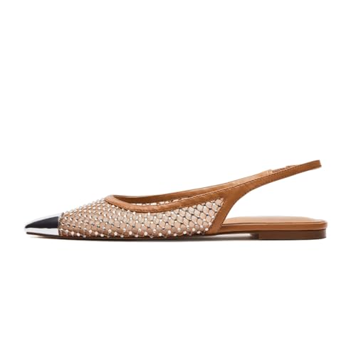 Yishaweiqi Rhinestones Mesh Slingback Flats for Women Silver Pointed Toe Flat Pumps Sparkly Ballet Flats Slip On Backless Dress Shoes