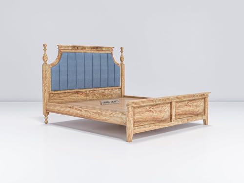 Image of Craft Solid Sheesham Wood Low Height King Size Bed Without Storage | Wooden Double Bed | Low Floor /Lying /Rise /Level /Profile Cot with Blue Upholstered Cushioned Headboard, Teak Finish-B24