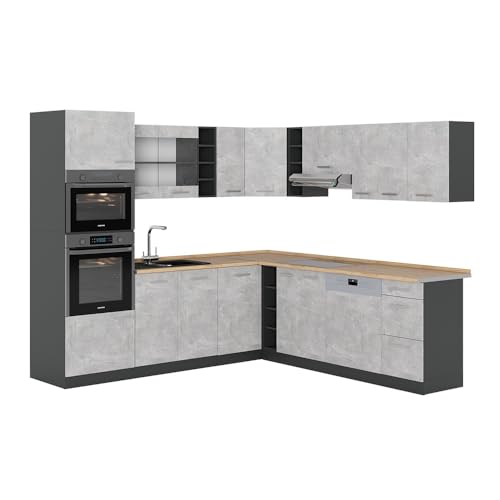 Vicco Eckküche R-Line, Küchenzeile in L-Form, Beton/Anthrazit, 237 x 247 cm, AP Eiche