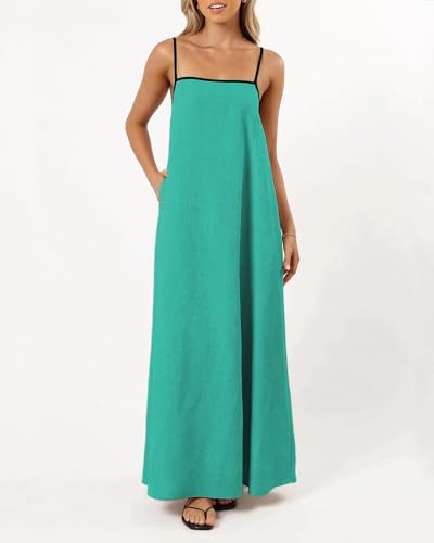 Image of Senllen Women's Linen Dress Summer Loose Flowy Sundress Contrast Spaghetti Strap Sleeveless Backless Beach Maxi Long Dresses
