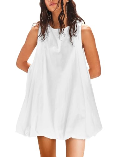 Dresses for Women Summer Casual Linen Mini Dress Sleeveless Crew Neck Bubble Keyhole Tie Back Vacation Sundress with Pockets White