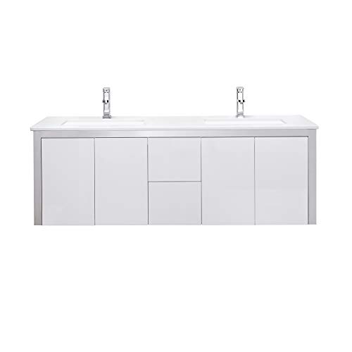 Ove Decors Lelio 60 inches Wall Mount Floating Double Sink Vanity Cultured Marble Top, Pure White