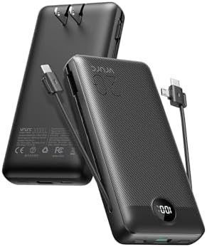 VRURC Portable Charger 20000mAh, Fast Charging Power Bank USB C,4 Output 2 Input Travel Essentials Charging Bank Equipped with LED Display,Built-in Wall Plug and Cables,Phone Charger Battery,Black
