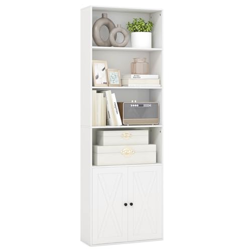 Giantex 6-Tier Freestanding Bookcase, Modern Bookshelf with Farmhouse Style Cabinet Doors, Multipurpose Storage Cabinet with Display Rack and Adjustable Shelf for Office, Living Room, Study (White)