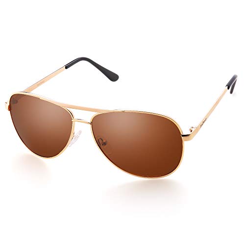 LotFancy Polarized Aviator Sunglasses for Men with Case, UV400 Protection, 61MM, Lightweight Eyewear for Driving Fishing Sports, Brown Lens, Gold Metal Frame