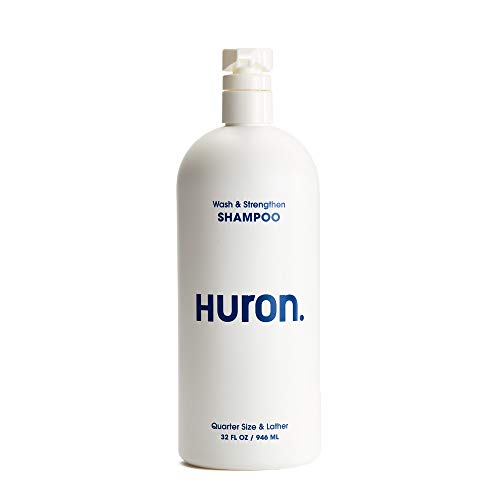 Huron - Men's Wash & Strengthen Shampoo. Hydrating shampoo cleans and nourishes as it keeps hair strong, full and healthy looking. Clean, fresh scent. Sulfate-free, 100% vegan and cruelty-free. 32 oz.