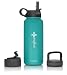 the flow Stainless Steel Water Bottle Double Walled/Vacuum Insulated - BPA/Toxin Free - Wide Mouth with Straw Lid, Carabiner Lid and Flip Lid, 32 oz.(1 Liter) (Turquoise, 32oz)