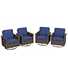 COOS BAY Harbor Retreat 4 Pieces Outdoor 360 Swivel Rocker Patio Chairs Patio Swivel Rocking Glider Chairs Set of 4 PE Wicker Swivel Rocking Furniture Set Brown Blue