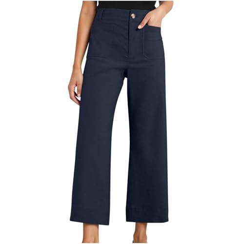 Womens High Waisted Cropped Pants Wide Leg Stretchy Straight Pants Baggy Slacks Slim Work Trousers with Pockets