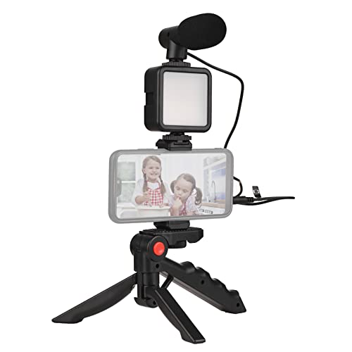 Camnoon Kit de video para teléfono, mini luz LED de video + micrófono cardioide + clip extensible para teléfono + trípode con brillo ajustable para transmisión en vivo, vlog, grabación de video