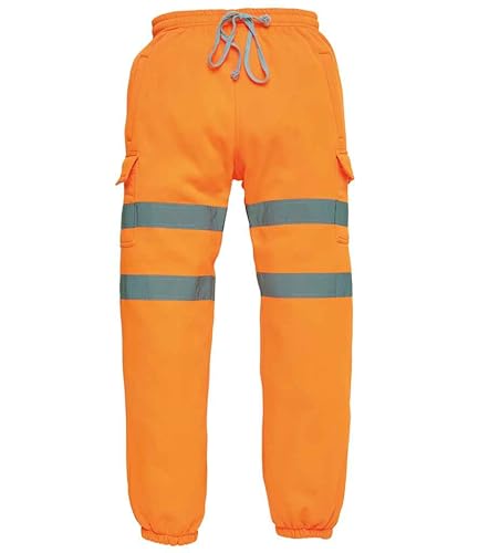 Yoko Hi-Vis Orange Reflective Safety Joggers – 100% Soft Polyester with Two Side Zip Pockets & Reflective Bands – Workwear by Brook Hi Vis (Orange, Large)