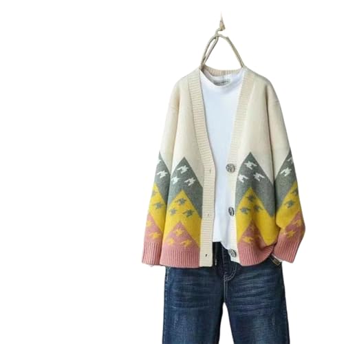 BeerMmay Cárdigan de manga larga para mujer - Parte superior de punto estampada ligera con cuello en V y tira de botones. (blanco crema, 3XL)