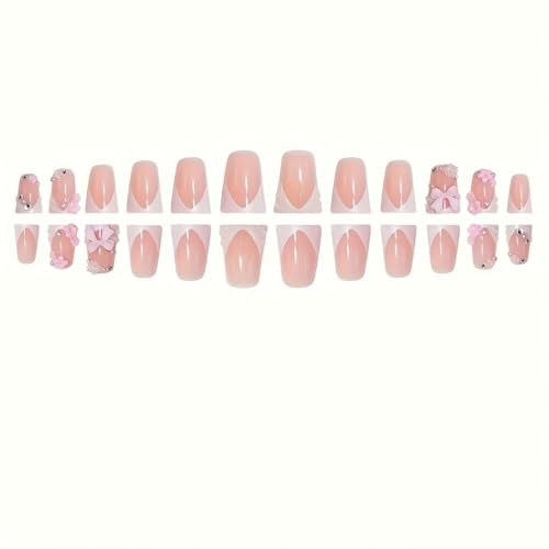 Image of 3D Bow Flower Press on Nails White french tip Fake Nails with Rhinestone Accents Reusable Glossy Full Cover Duck Stick on Nail for Women Luxury Manicure 24Pcs