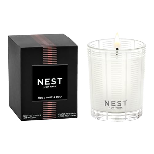 Image of NEST New York Scented Votive Candle, Rose Noir & Oud - 2 oz - Up to 28-Hour Burn Time - Reusable Glass Vessel