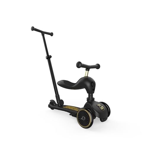Scoot & Ride Highwaykick 1 Push and Go Kickboard con asiento, patinete infantil 2 en 1, rueda con manillar a partir de 1 2 años, altura ajustable sin herramientas, color negro y dorado (edición