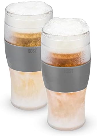 Host Freeze Beer Glasses, 16 ounce Freezer Gel Chiller Double Wall Plastic Frozen Pint Glass, Set of 2, Grey