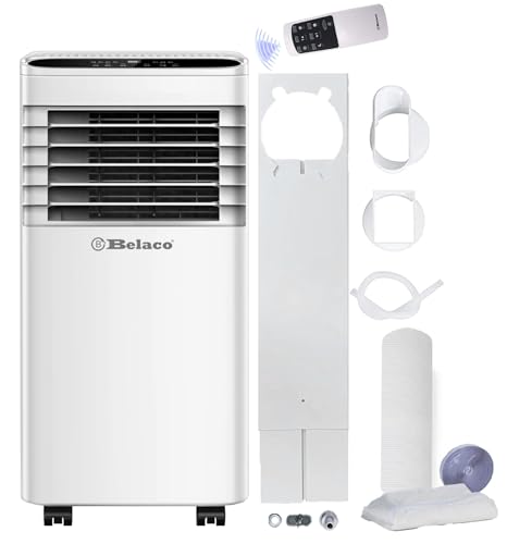 Belaco Air Conditioning Unit, 9000 BTU Portable Air Conditioner with Dehumidifier & Fan Function, Remote Control & Dual Window Installation Kit & Seal Included, 24 Hour Timer with 28L Dehumidification