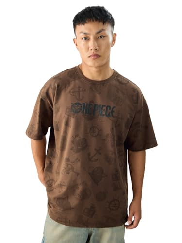 Image of The Souled Store Official One Piece: Pirate Tales Men and Boys Short Sleeve Round Neck Brown Phraphic Printed Cotton Oversized T-Shirts
