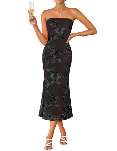 graceful wedding guest dress strapless floral bodycon mesh - taupe