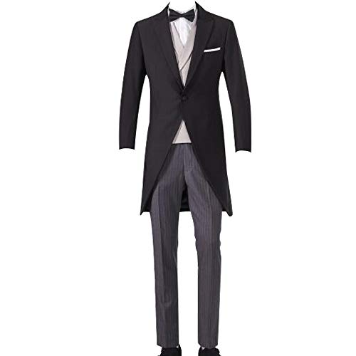 HBDesign Mens 3 Piece 1 Button Black Long Pattern Suit Jacket+Beige Vest+Grey Striped Pants