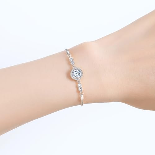1CT Halo Round Moissanite Bracelet for Women,D Color Bracelet with GRA Certificate,925 Sterling Silver Box Chain 6.5"+2" (16.5cm+5cm Adjustable),Perfect Jewelry Gifts2
