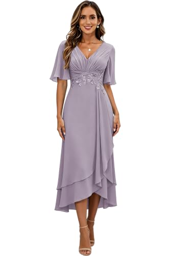 Image of Lace Applique Mother of Bride Dresses Chiffon Mother of the Groom Dresses Tea Length Formal Evening Dress with Sleeve
