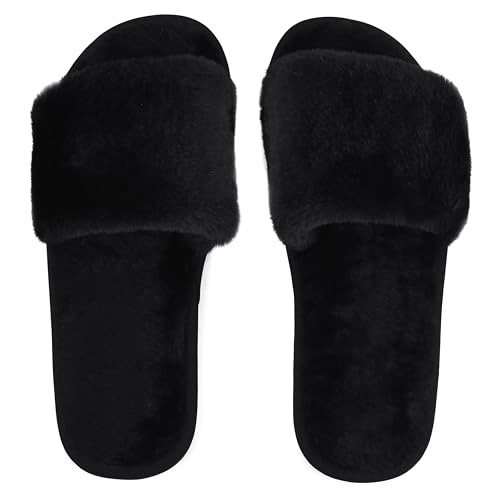Fuzzy House Slippers for Women - Soft & Comfortable Womens Slippers with Open Toe Separators - Cute All Day Wear Casual Slip on Ladies Footwear for Indoor & Outdoor Midnight Black, 83
