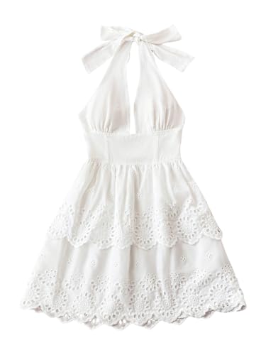 MakeMeChic Women's Eyelet Embroidery Halter Dress Backless Tiered Ruffle A Line Shirred Mini Dresses