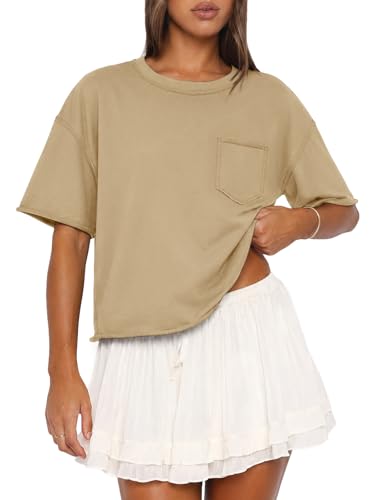 Image of ATHMILE Womens Crop Tops Workout Shirts Gym Oversized Spring Summer Basic Tees Short Sleeve Casual Loose Drop Shoulder 2026