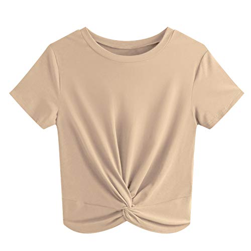 JINKESI Women’s Summer Causal Short Sleeve Blouse Round Neck Crop Tops Twist Front Tee T-Shirt